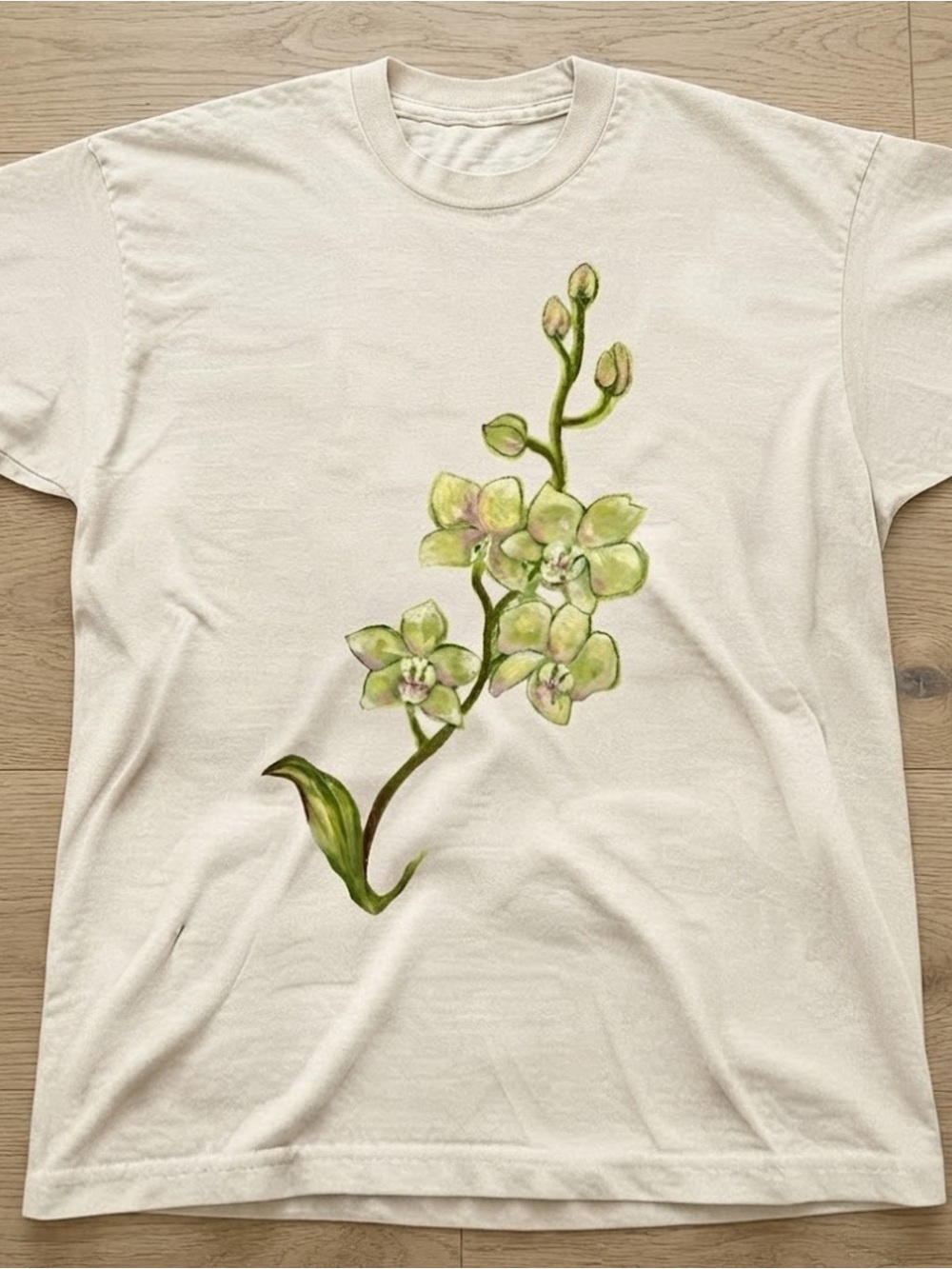 Green Orchid Flower Graphic Tee Gildan Sand Cream T-shirt
